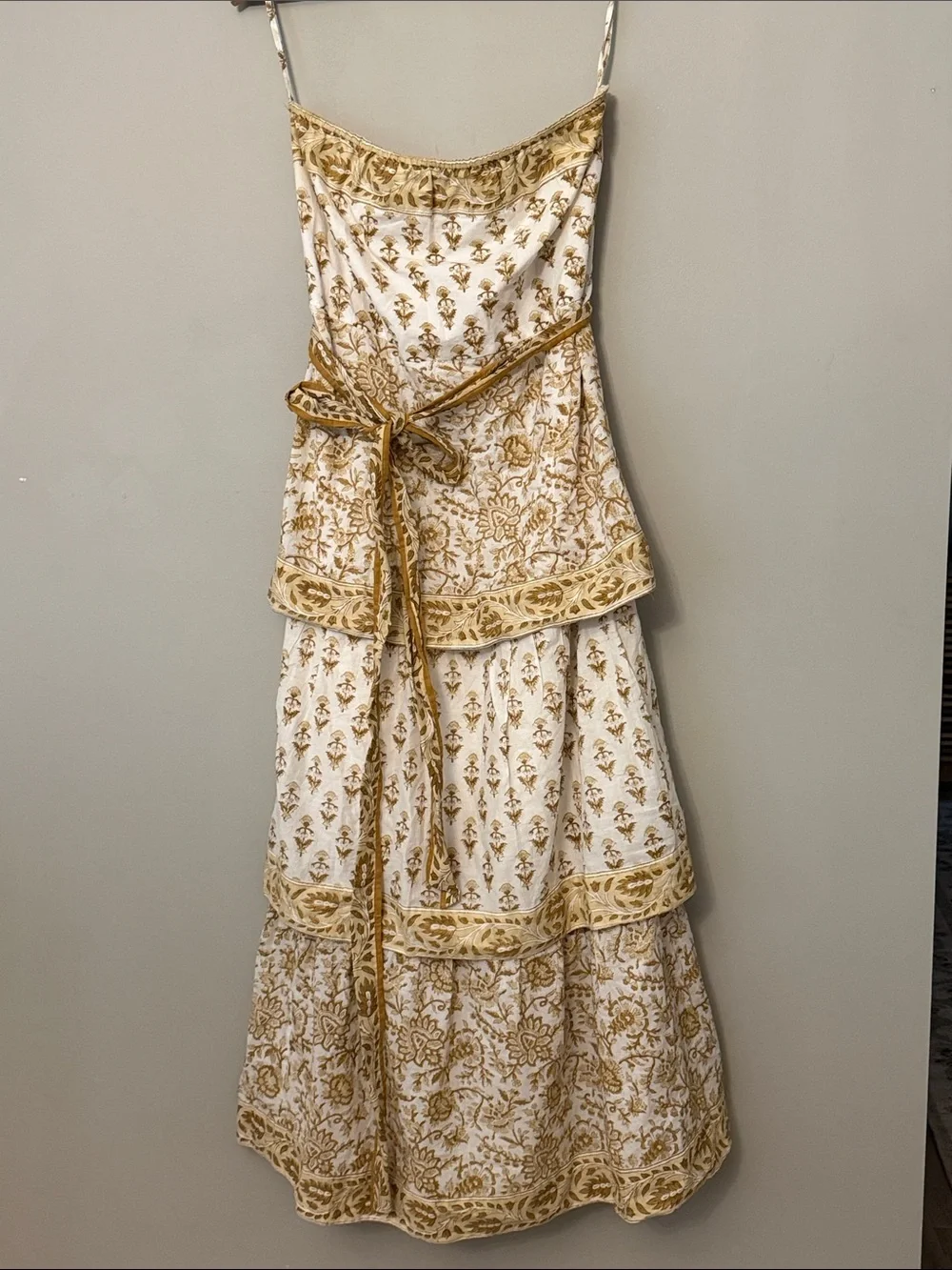 Sue Sartor Maxi Dress size Large gold off white tiered strapless